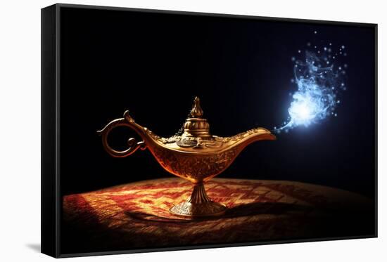 Magic Lamp from the Story of Aladdin with Genie Appearing in Blue Smoke Concept for Wishing, Luck A-Flynt-Framed Stretched Canvas