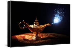 Magic Lamp from the Story of Aladdin with Genie Appearing in Blue Smoke Concept for Wishing, Luck A-Flynt-Framed Stretched Canvas