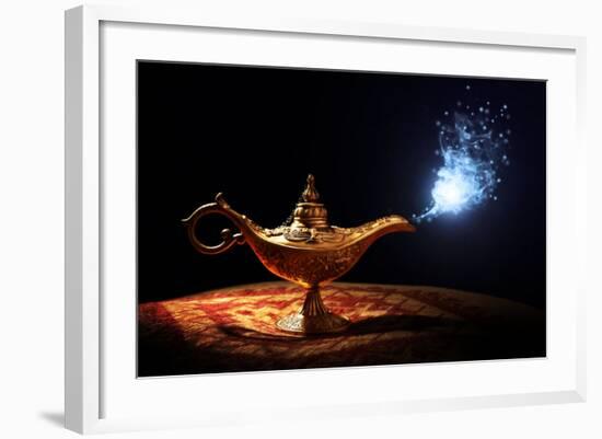 Magic Lamp from the Story of Aladdin with Genie Appearing in Blue Smoke Concept for Wishing, Luck A-Flynt-Framed Photographic Print