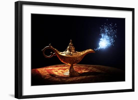 Magic Lamp from the Story of Aladdin with Genie Appearing in Blue Smoke Concept for Wishing, Luck A-Flynt-Framed Photographic Print