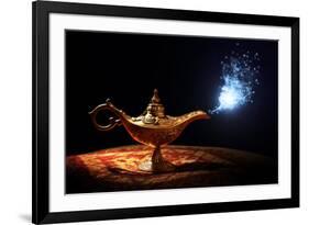 Magic Lamp from the Story of Aladdin with Genie Appearing in Blue Smoke Concept for Wishing, Luck A-Flynt-Framed Photographic Print