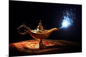 Magic Lamp from the Story of Aladdin with Genie Appearing in Blue Smoke Concept for Wishing, Luck A-Flynt-Mounted Photographic Print