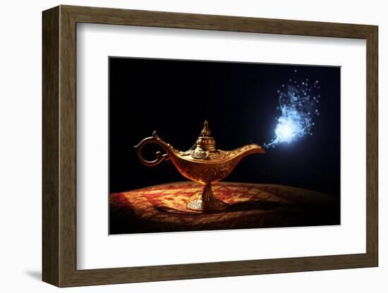 Magic Lamp from the Story of Aladdin with Genie Appearing in Blue Smoke Concept for Wishing, Luck A-Flynt-Framed Photographic Print