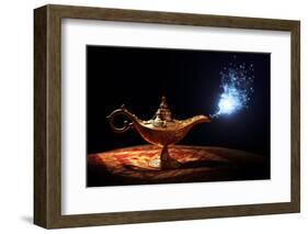 Magic Lamp from the Story of Aladdin with Genie Appearing in Blue Smoke Concept for Wishing, Luck A-Flynt-Framed Photographic Print