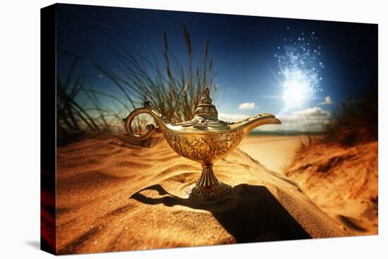 Magic Lamp in the Desert from the Story of Aladdin with Genie Appearing in Blue Smoke Concept for W-Flynt-Stretched Canvas