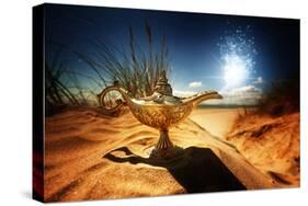 Magic Lamp in the Desert from the Story of Aladdin with Genie Appearing in Blue Smoke Concept for W-Flynt-Stretched Canvas