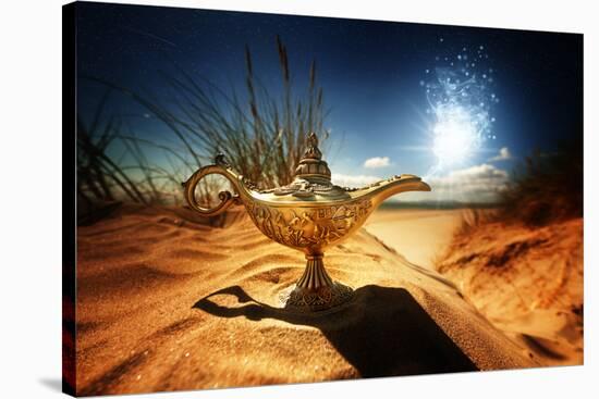 Magic Lamp in the Desert from the Story of Aladdin with Genie Appearing in Blue Smoke Concept for W-Flynt-Stretched Canvas