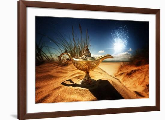 Magic Lamp in the Desert from the Story of Aladdin with Genie Appearing in Blue Smoke Concept for W-Flynt-Framed Photographic Print