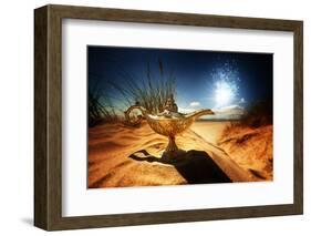 Magic Lamp in the Desert from the Story of Aladdin with Genie Appearing in Blue Smoke Concept for W-Flynt-Framed Photographic Print
