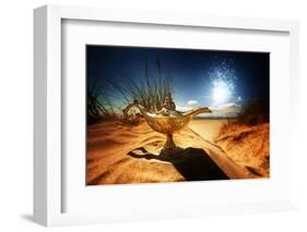 Magic Lamp in the Desert from the Story of Aladdin with Genie Appearing in Blue Smoke Concept for W-Flynt-Framed Photographic Print