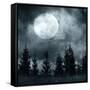 Magic Landscape with Pine Tree Forest under Dramatic Cloudy Sky at Full Moon Mysterious Night-Perfect Lazybones-Framed Stretched Canvas