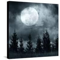 Magic Landscape with Pine Tree Forest under Dramatic Cloudy Sky at Full Moon Mysterious Night-Perfect Lazybones-Stretched Canvas