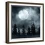 Magic Landscape with Pine Tree Forest under Dramatic Cloudy Sky at Full Moon Mysterious Night-Perfect Lazybones-Framed Premium Photographic Print