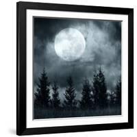 Magic Landscape with Pine Tree Forest under Dramatic Cloudy Sky at Full Moon Mysterious Night-Perfect Lazybones-Framed Premium Photographic Print