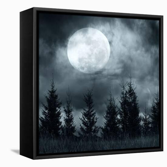 Magic Landscape with Pine Tree Forest under Dramatic Cloudy Sky at Full Moon Mysterious Night-Perfect Lazybones-Framed Stretched Canvas