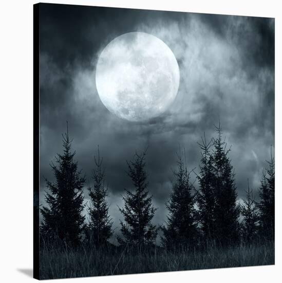 Magic Landscape with Pine Tree Forest under Dramatic Cloudy Sky at Full Moon Mysterious Night-Perfect Lazybones-Stretched Canvas