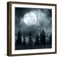 Magic Landscape with Pine Tree Forest under Dramatic Cloudy Sky at Full Moon Mysterious Night-Perfect Lazybones-Framed Photographic Print