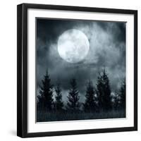 Magic Landscape with Pine Tree Forest under Dramatic Cloudy Sky at Full Moon Mysterious Night-Perfect Lazybones-Framed Photographic Print