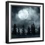 Magic Landscape with Pine Tree Forest under Dramatic Cloudy Sky at Full Moon Mysterious Night-Perfect Lazybones-Framed Photographic Print
