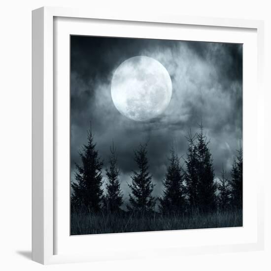 Magic Landscape with Pine Tree Forest under Dramatic Cloudy Sky at Full Moon Mysterious Night-Perfect Lazybones-Framed Photographic Print