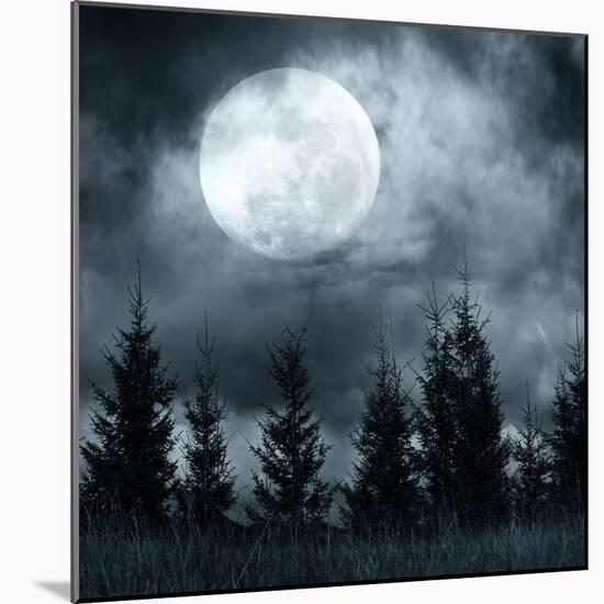 Magic Landscape with Pine Tree Forest under Dramatic Cloudy Sky at Full Moon Mysterious Night-Perfect Lazybones-Mounted Photographic Print