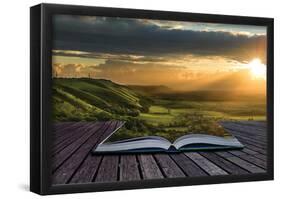 Magical Book With Contents Spilling Into Landscape Background-null-Framed Poster