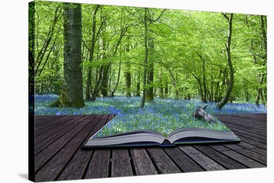 Magical Book with Contents Spilling into Landscape Background-Veneratio-Stretched Canvas