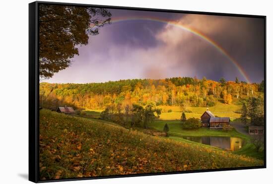 Magical Rainbow and Autumn Ranch, Vermont, New England Fall Color-Vincent James-Framed Stretched Canvas