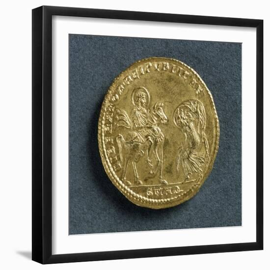 Magnentius Gold Medallion Depicting Emperor Receiving Homage from Republic Bowed before Him-null-Framed Giclee Print