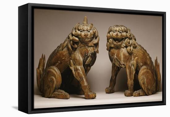 Magnificent Pair of Wood Sculptures Depicting Two Koma Inu Kamakura Period 1185-1393-null-Framed Stretched Canvas