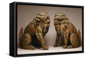 Magnificent Pair of Wood Sculptures Depicting Two Koma Inu Kamakura Period 1185-1393-null-Framed Stretched Canvas