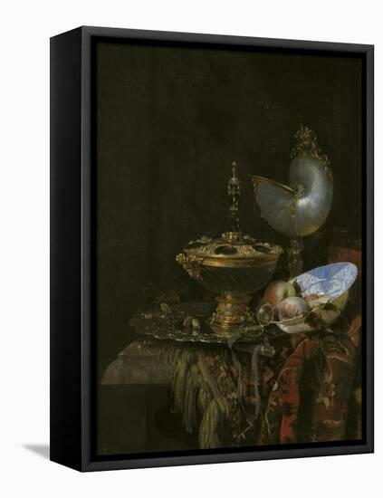 Magnificent Still Life With Holbein Bowl, Nautilus And Glass Cup And Fruit Bowl, 1678-Willem Kalf-Framed Stretched Canvas