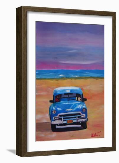 Magnificient Blue Oldtimer in Cuba at Beach-Markus Bleichner-Framed Art Print