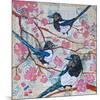 Magpies And Pink Blossoms-null-Mounted Premium Giclee Print