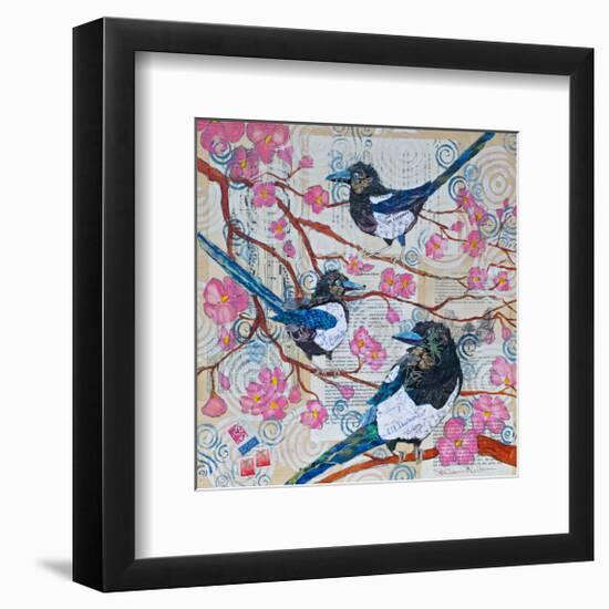 Magpies And Pink Blossoms-null-Framed Art Print