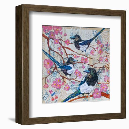 Magpies And Pink Blossoms-null-Framed Art Print