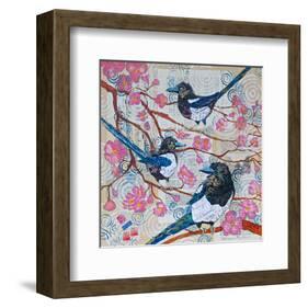 Magpies And Pink Blossoms-null-Framed Art Print