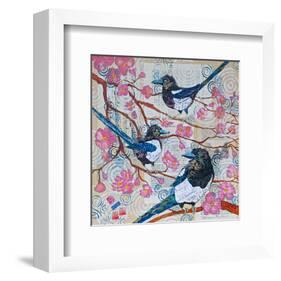 Magpies And Pink Blossoms-null-Framed Art Print