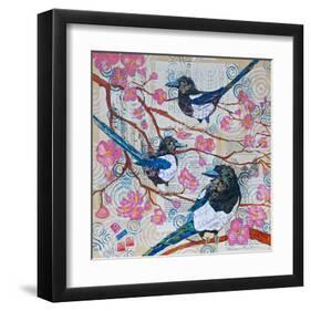 Magpies And Pink Blossoms-null-Framed Art Print