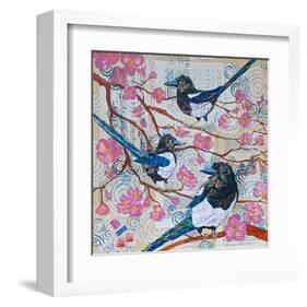 Magpies And Pink Blossoms-null-Framed Art Print