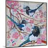 Magpies And Pink Blossoms-null-Mounted Art Print