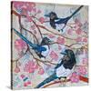 Magpies And Pink Blossoms-null-Stretched Canvas
