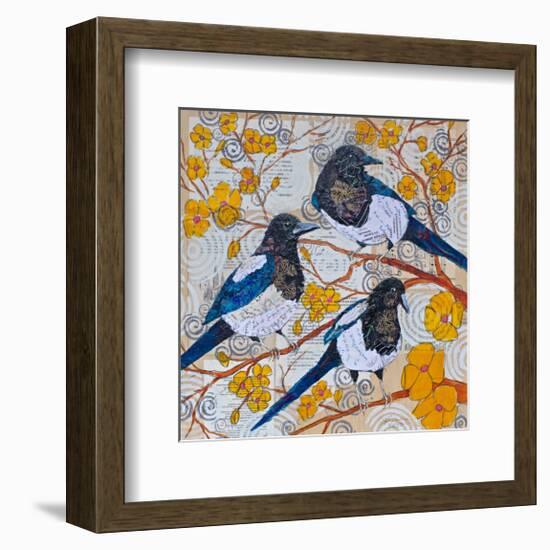 Magpies And Yellow Blossoms-null-Framed Art Print