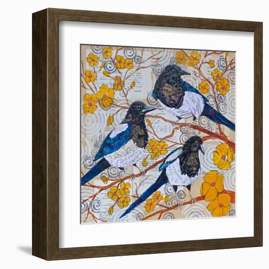 Magpies And Yellow Blossoms-null-Framed Art Print