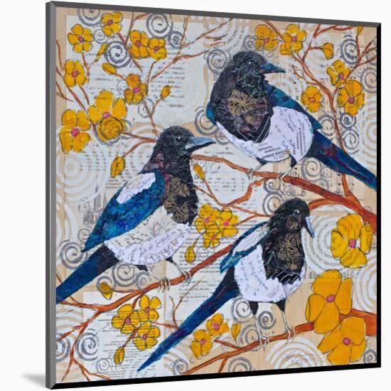 Magpies And Yellow Blossoms-null-Mounted Art Print