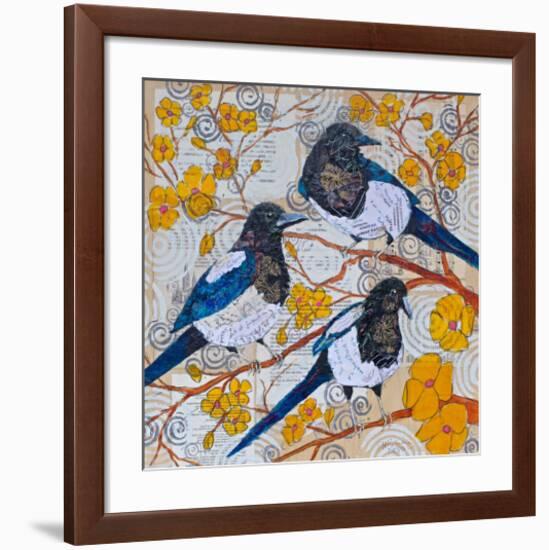 Magpies And Yellow Blossoms-null-Framed Art Print