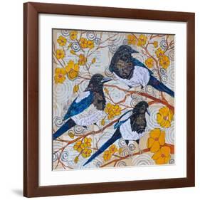 Magpies And Yellow Blossoms-null-Framed Art Print