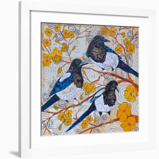 Magpies And Yellow Blossoms-null-Framed Art Print