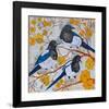 Magpies And Yellow Blossoms-null-Framed Art Print