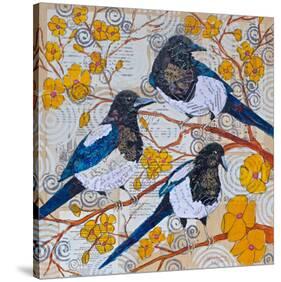 Magpies And Yellow Blossoms-null-Stretched Canvas